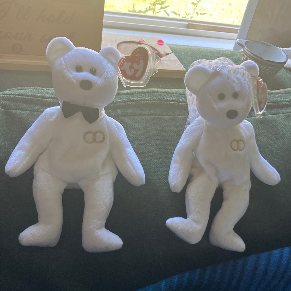 Ty White Wedding Bears Set with Black Bow Tie